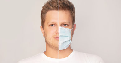Portrait of a man adult young in a medical mask and without a mask on an isolated background
